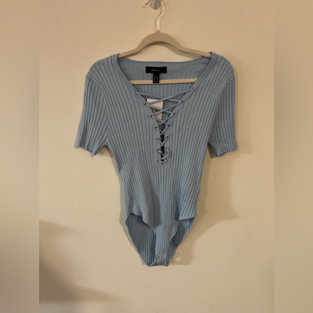 Plus| Light Blue Bodysuit with Front Cross
